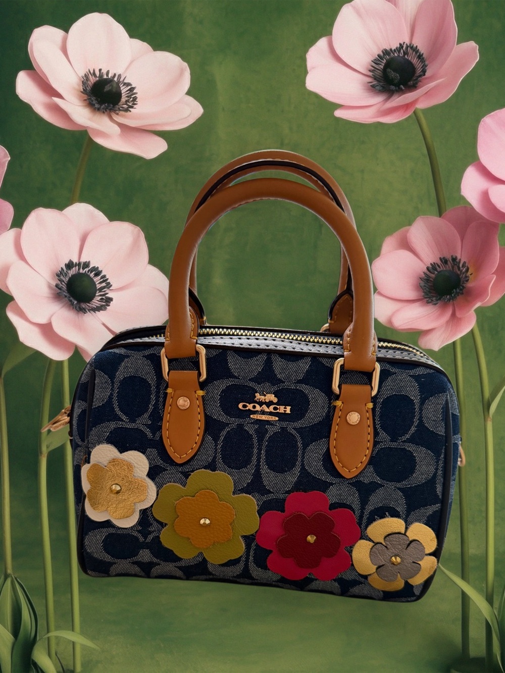 COACH Denim Signature Floral Appliqué Mini Satchel with Tan Handles